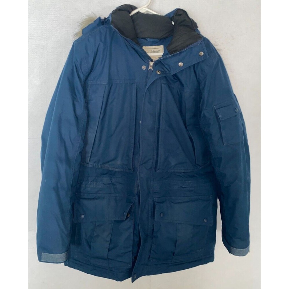 LL Bean Down Parka Baxter Downtek Puffer Jacket Hooded Coat Mens M Blue Faux Fur